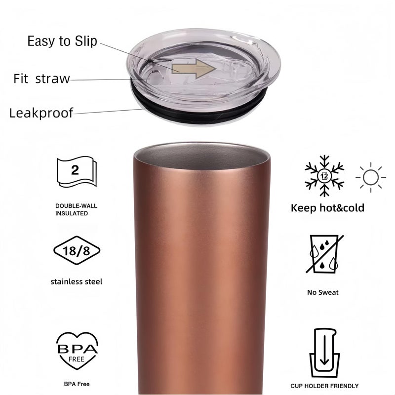 Gteller Double Wall 18/8 Stainless Steel Vacuum slim skinny tumbler with straw and lid, insulated travel mug keeping beverage cold and warm (rose gold, 20oz) - Image 2